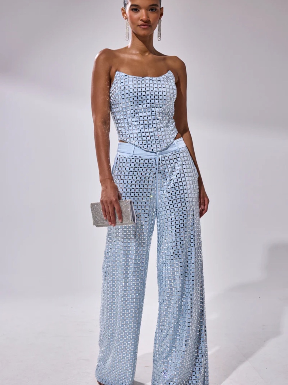 AKIRA Light Blue Sequin Strapless Wide-Leg Set - Picture 1 of 4